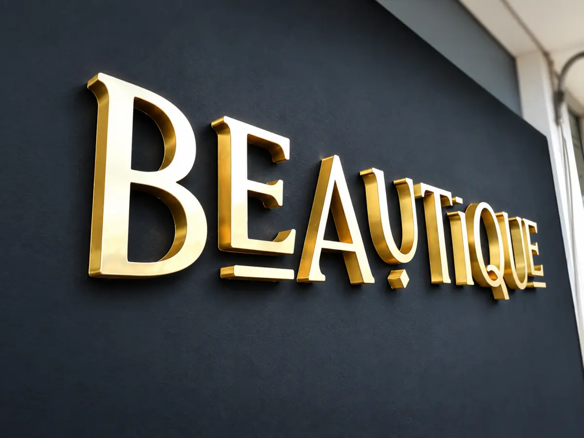 Letras metálicas color oro instaladas en la fachada de Beautique