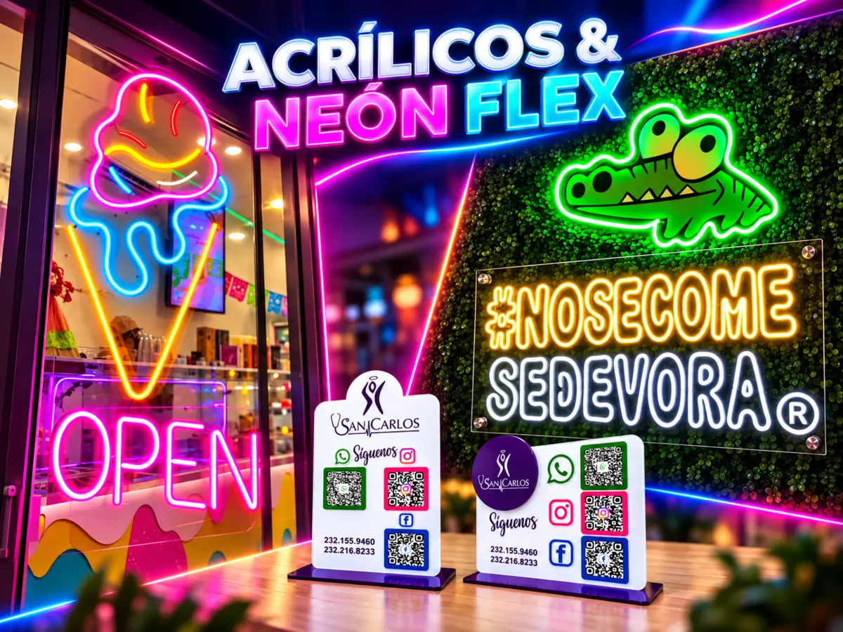 Collage de letreros de acrílico y neón flex para negocios