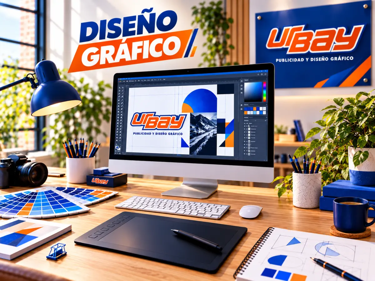 Estudio creativo de diseño gráfico Urbay en azul y naranja
