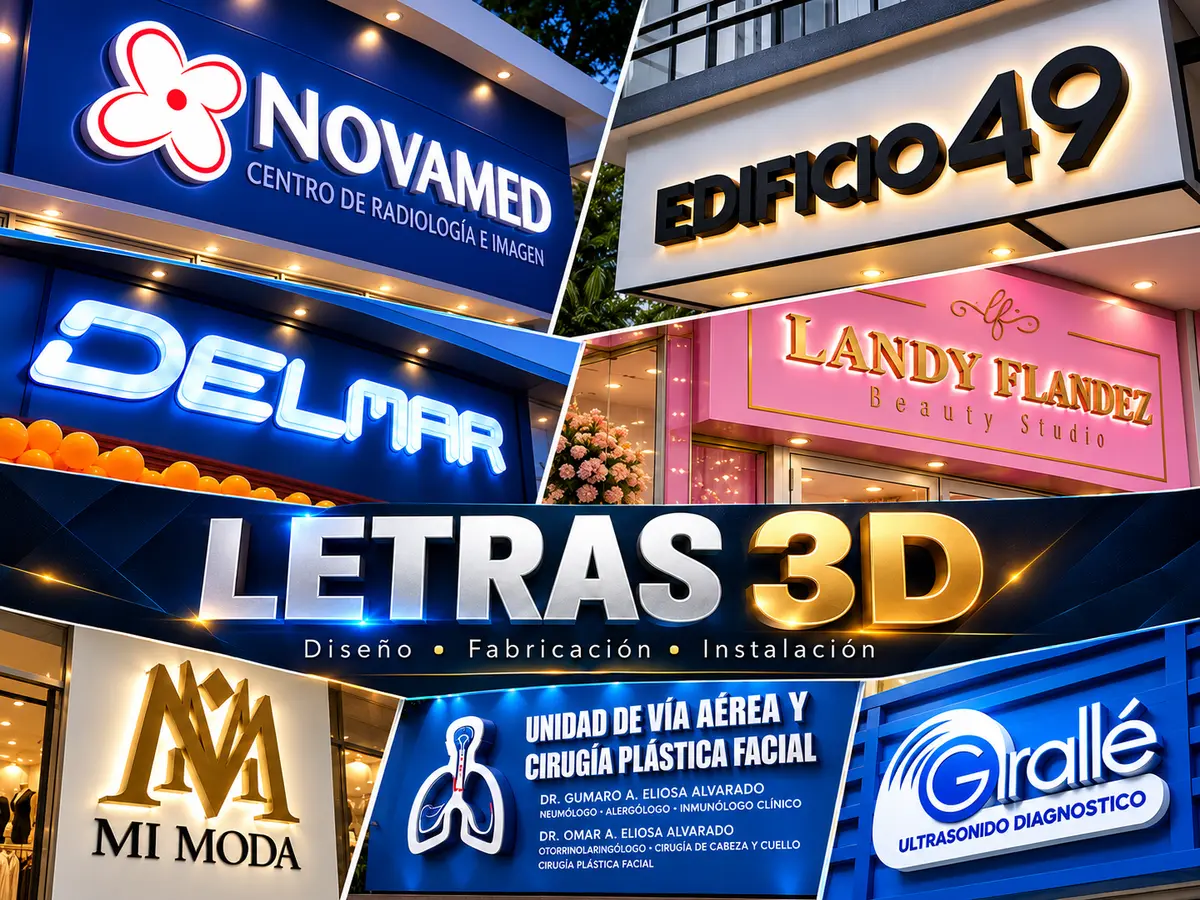 Collage horizontal de letras 3D para fachadas realizadas por Urbay Publicidad