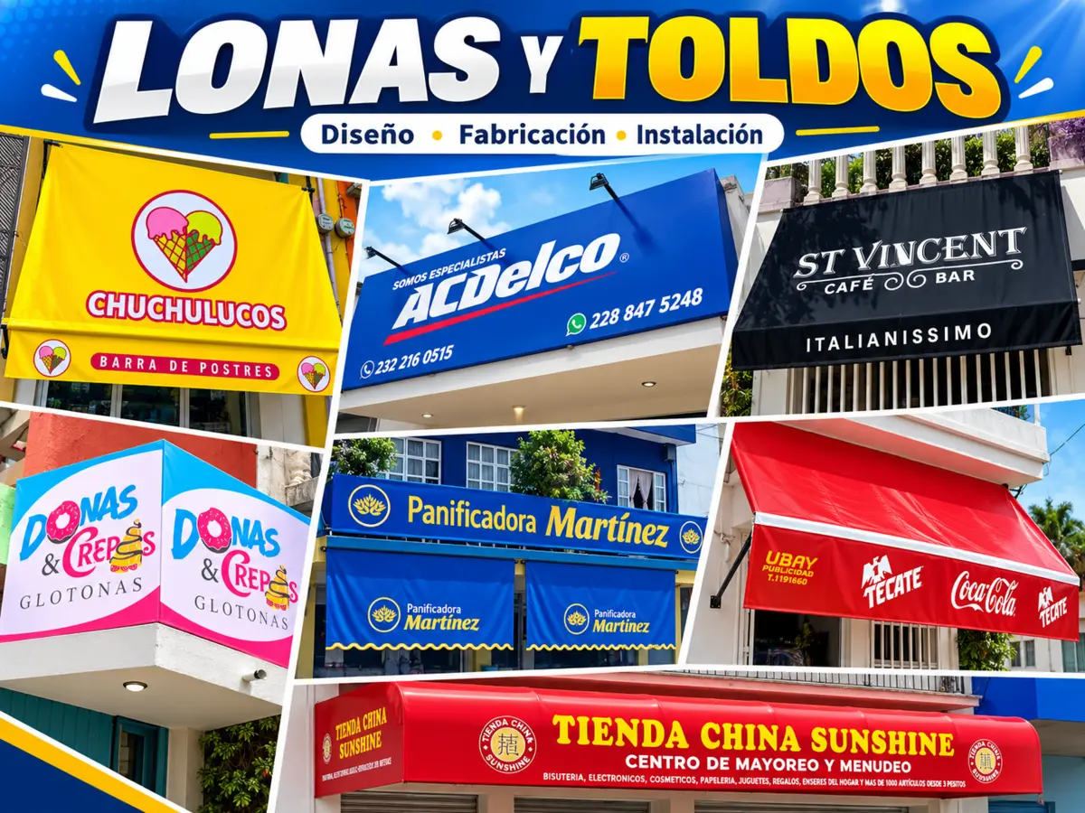 Collage de lonas y toldos instalados en fachadas de diferentes negocios