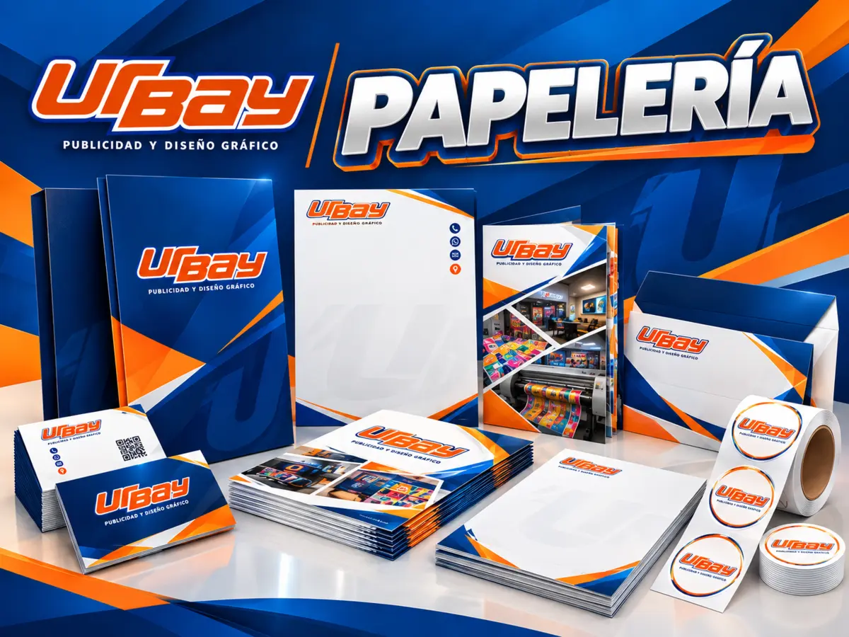Papelería corporativa de Urbay con tarjetas, folders, hojas membretadas, catálogos, sobres y etiquetas