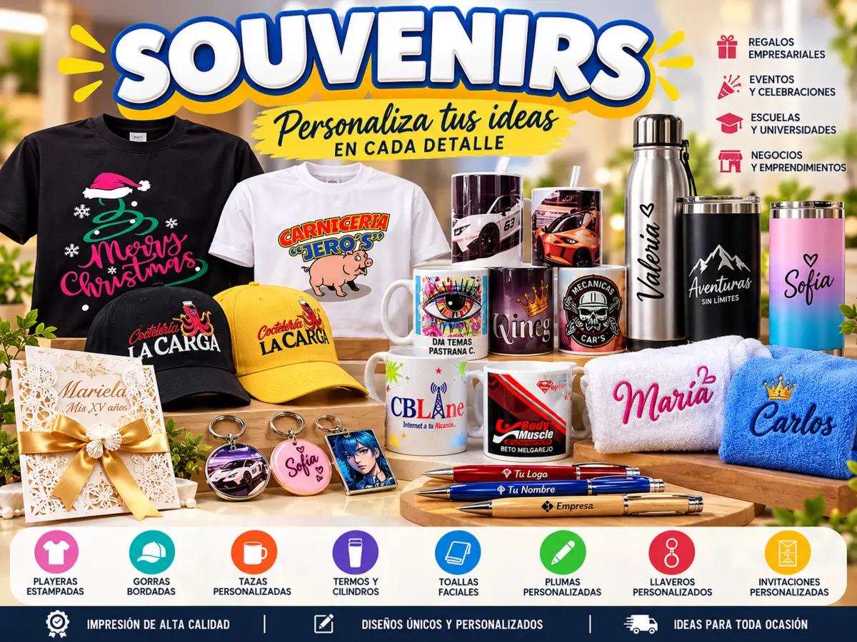 Colección de souvenirs personalizados con playeras, gorras, tazas, termos, toallas, plumas, llaveros e invitaciones
